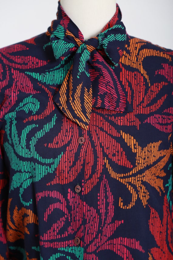 Vintage 80s rayon rainbow leaf ascot bow blouse - image 3