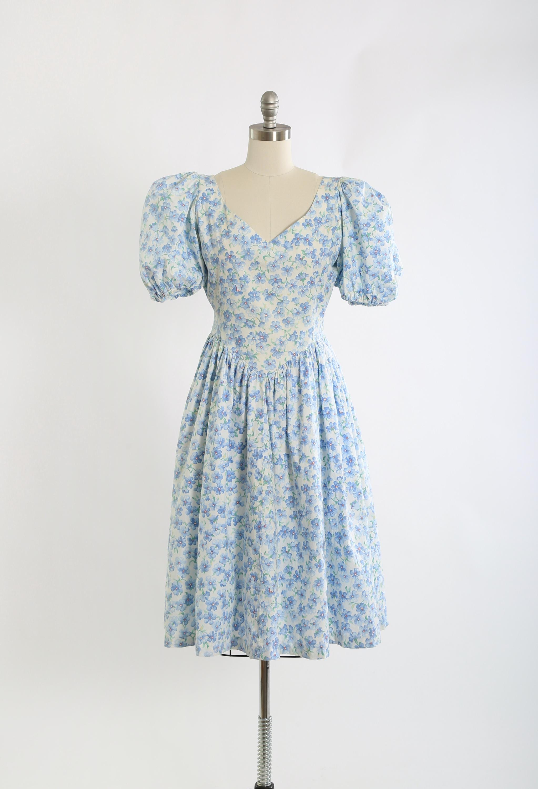 80年代風ブルーの花柄パフスリーブコットンワンピース - Etsy 日本