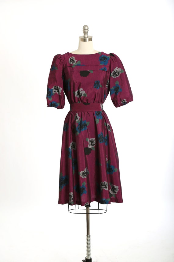 Vintage 80s purple floral puff sleeve dress - image 2