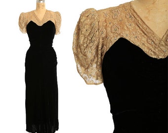 Antique Vintage 1930s black velvet floral rhinestone lace dress