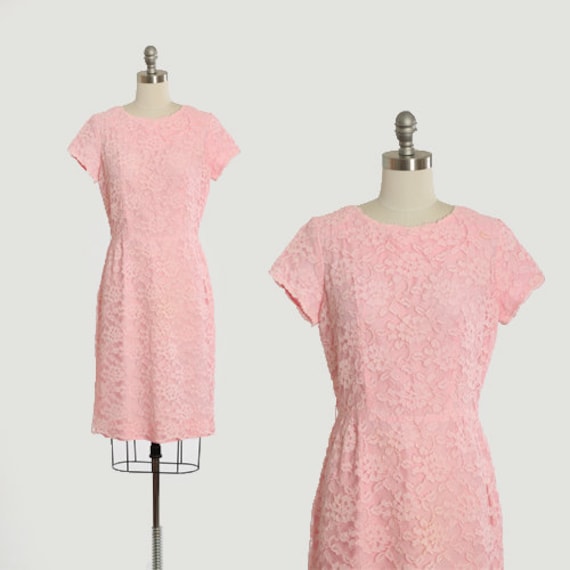 Vintage 60s Henry Lee pink floral lace wiggle dre… - image 1