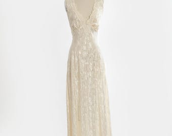 Vintage 90er Jahre Ivory floral schiere zurück Peignoir Nachthemd Slip Dessous Kleid