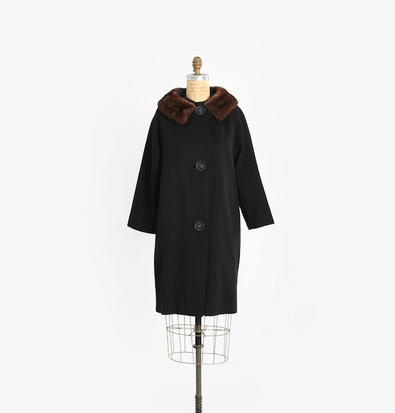 50s black wool brown mink fur collar swing coat