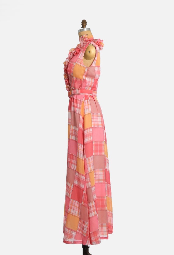 Vintage 70s pink ruffle patchwork print maxi Dres… - image 6