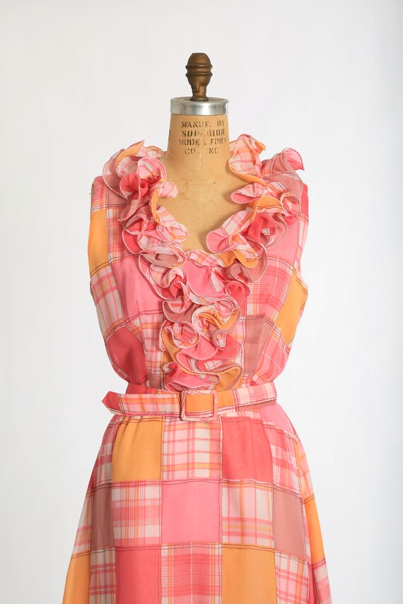 Vintage 70s pink ruffle patchwork print maxi Dres… - image 3