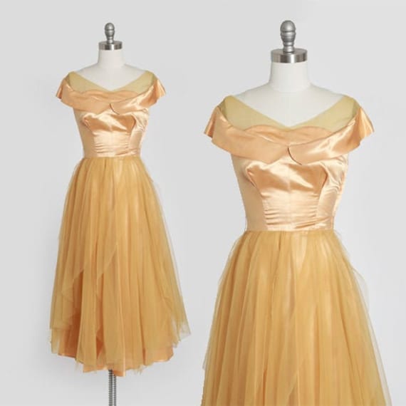 50s Gold Satin Dress | Vintage 1950s Satin Chiffon Dress