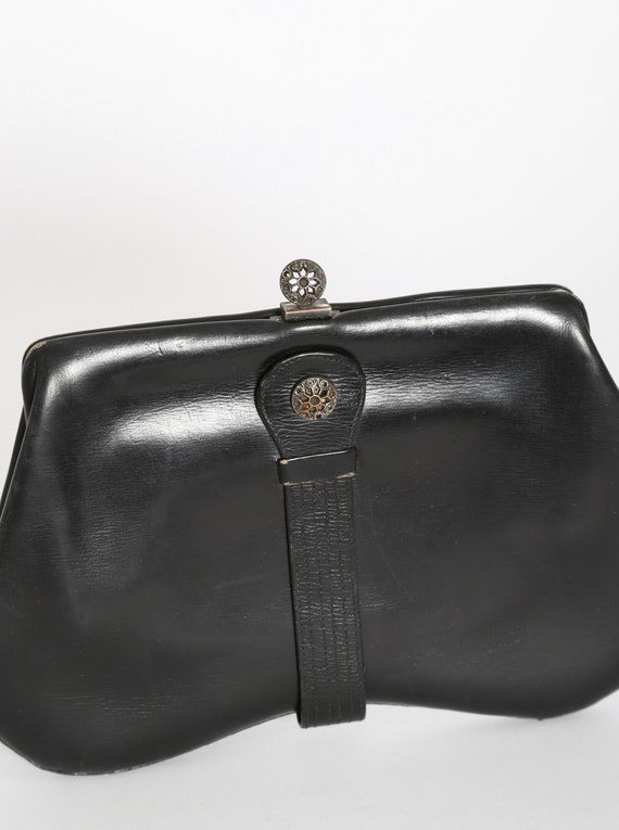 Antique vintage 1930s black leather clutch handba… - image 2