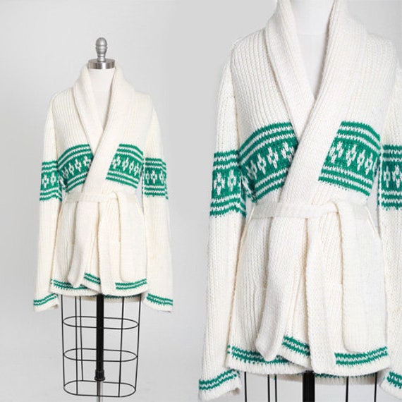 70s knit sweater | Vintage 70s Cowichan green stri