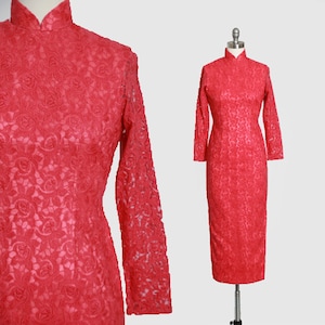 Vintage 60s pink embroidered floral rose lace cheongsam dress