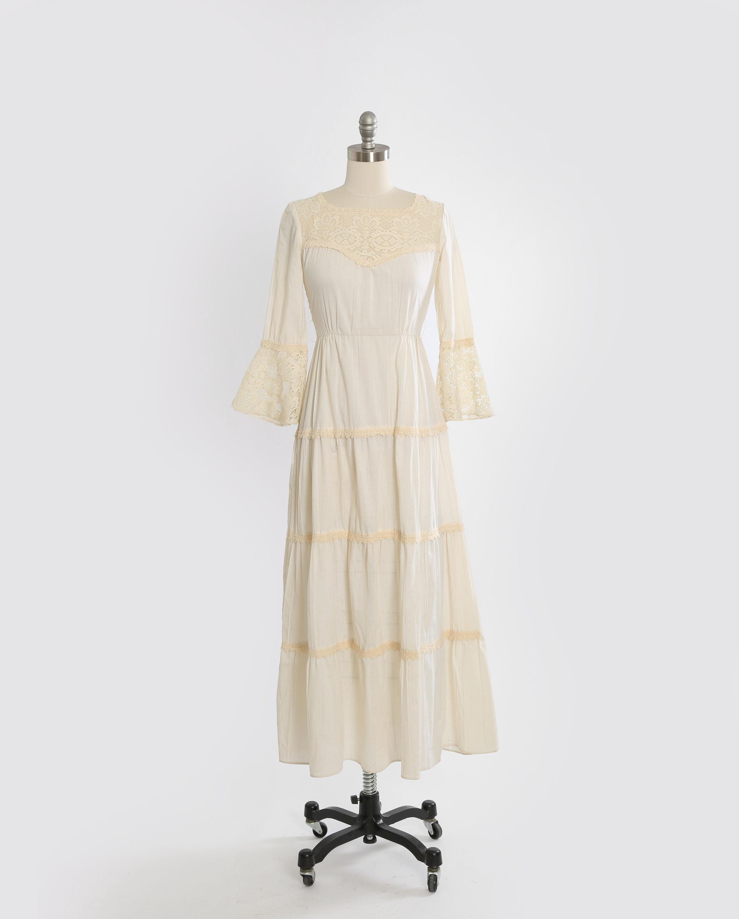 Peasant cotton gauze dress | Vintage 70s bell sleeve cotton gauze maxi dress | 1970s boho crochet cotton gauze dress
