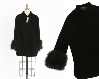 Vintage 60s black velvet ostrich feather opera coat