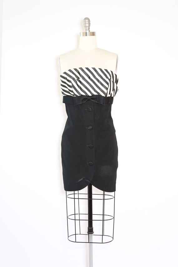 Tuxedo mini dress | Vintage 80s striped Black + w… - image 2