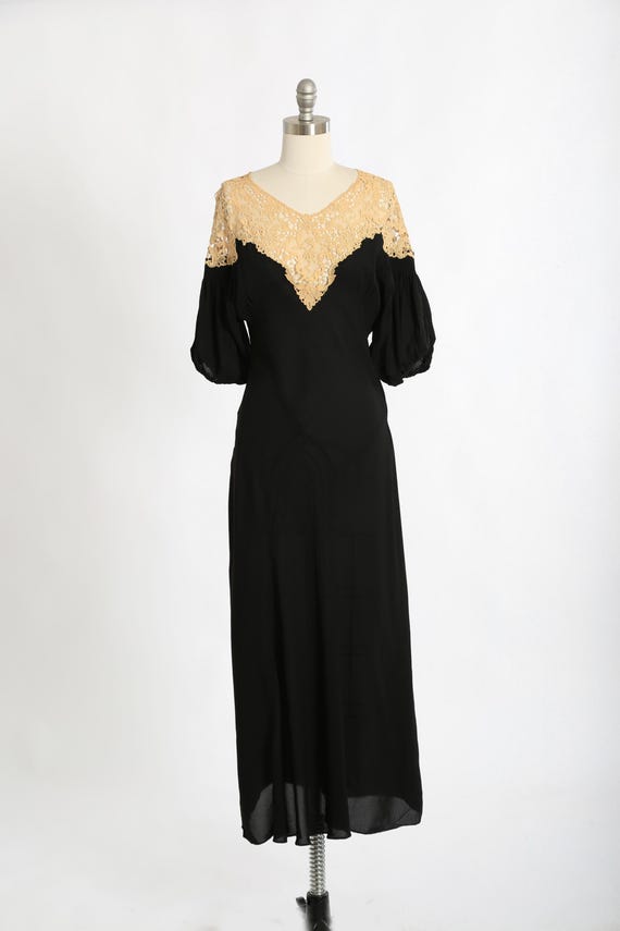 Antique Vintage 1930s bias cut black floral crochet l… - Gem