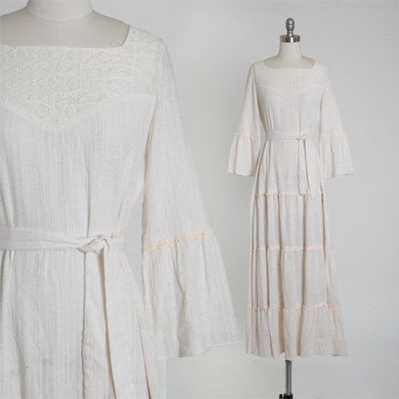 Peasant cotton gauze dress | Vintage 70s bell slee