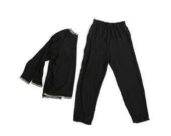 Minimalist silk set | Vintage black silk beaded 2pc Blouse + Trousers pants outfit set