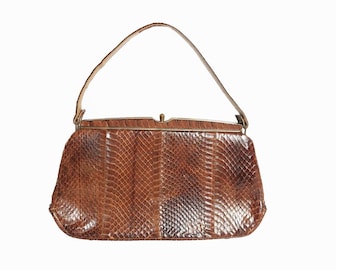 sac à main vintage en peau de serpent marron des années 50