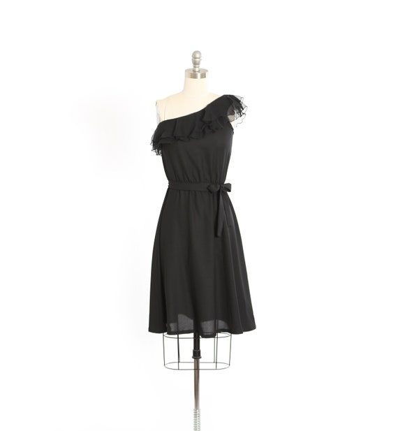 Vintage 70s one shoulder black ruffle mini dress