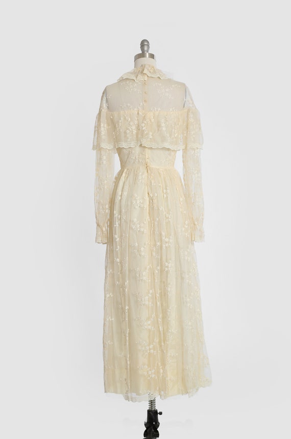 Vintage 70s Ivory Floral Crochet Lace Beaded Wedding Dress | 1970s