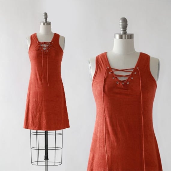 90s orange velvet lace up mini Dress | 1990s mini