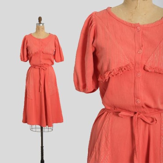 Vintage 40s salmon orange pink cotton day dress - image 1