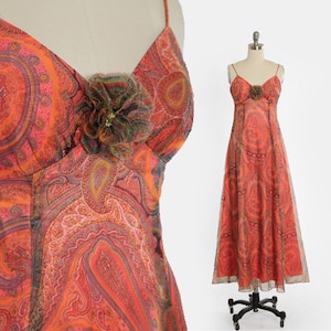 Vintage 70s psychedelic chiffon orange paisley maxi dress