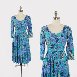 blue fish dress vintage Lanz | 80s Lanz Originals Fish Print Fit and Flare Dress Color:Heather Earth Rails Jordie Dress S cf-size-us-11 an elastic back