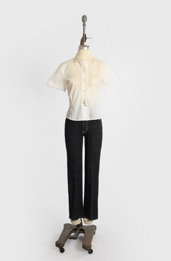 Vintage Denim Contrast Hollow Blouse