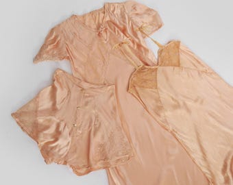 Bias cut slip dress set | Vintage 30s 40s pink satin lace slip dress 3pc set shorts