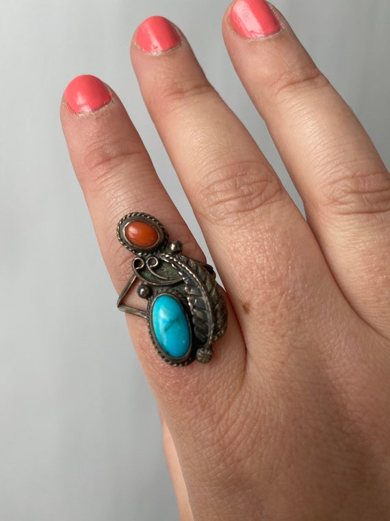 Old Pawn sterling silver Turquoise + coral feathe… - image 2