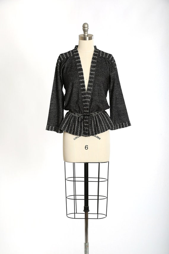 Vintage 1970s black + silver lurex knit cardigan s