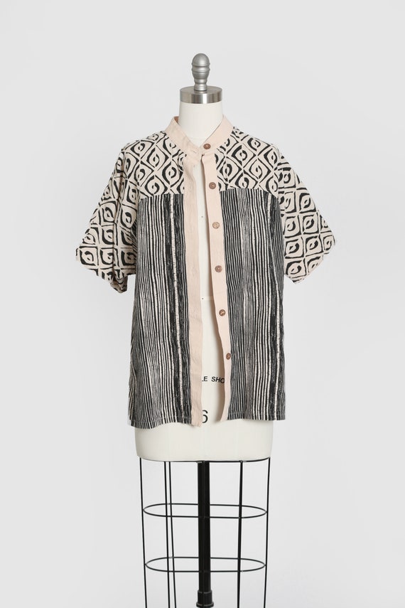 90s ethnic linen cotton block print blouse - image 2