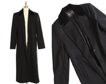 90s black wool coat  | Vintage 1990s PENDLETON black velvet Merino wool long oversized coat