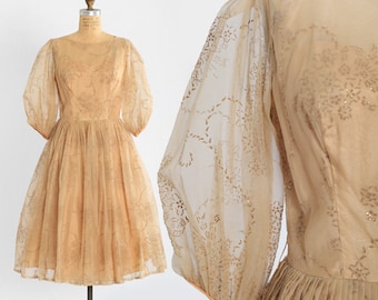 Vintage 50s champagne chiffon floral velvet dress