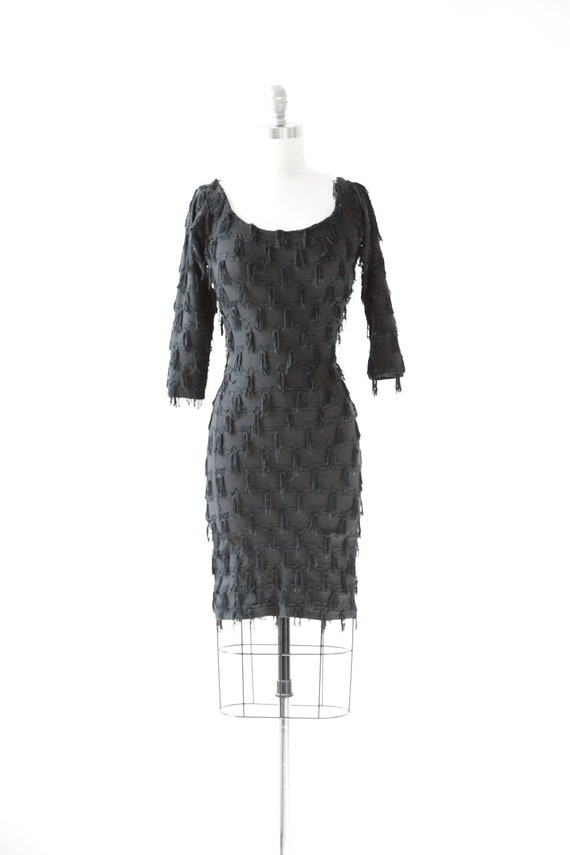 Modet Fringe Dress | Vintage 80s Black Fringe Bodycon Mini Dress S - Etsy