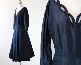 New look silk dress | Vintage 40s 50s navy blue silk dress | 40s silk dress