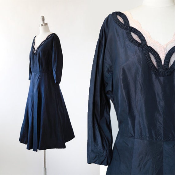 New look silk dress | Vintage 40s 50s navy blue si