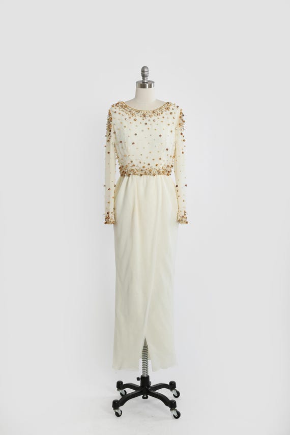 Vintage 70s Egyptian Revival White chiffon Gold beaded dress