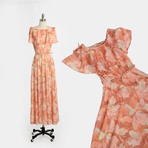 Robe longue fleurie à volants | Robe longue rose semi-transparente vintage des années 70