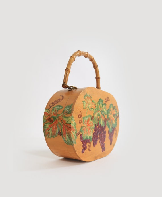 Vintage 50s hand painted grapes wood purse - image 7