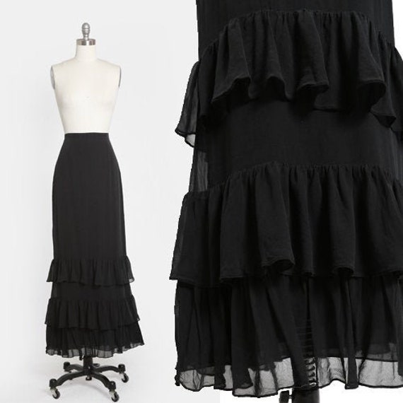 Tiered ruffle silk skirt | Vintage 90s black silk