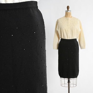 90s black sequin wool knit pencil skirt