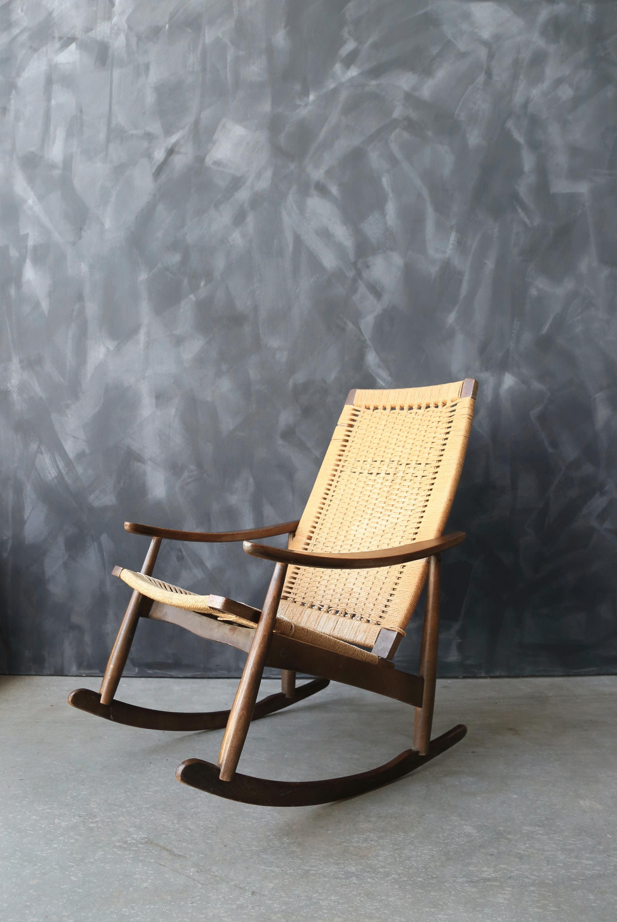 Yugoslavian Rocking Chair Vintage Mid Century Modern Yugoslavia Hans Wegner Style Woven Cord ...