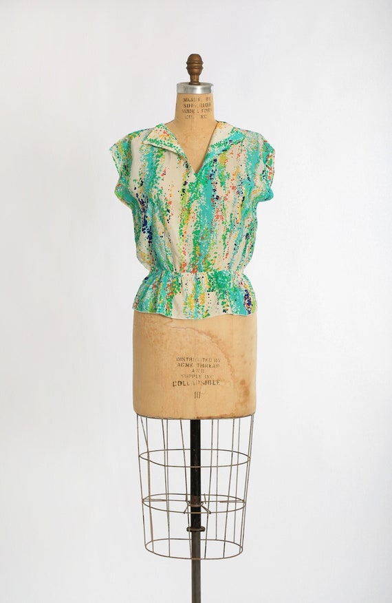 Vintage 70s rainbow silk peplum blouse
