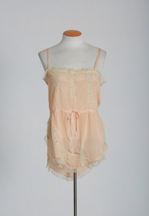 Antique vintage 1920s pink silk lace romper teddy… - image 5
