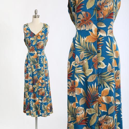 90s Tropical Floral Rayon Maxi Dress