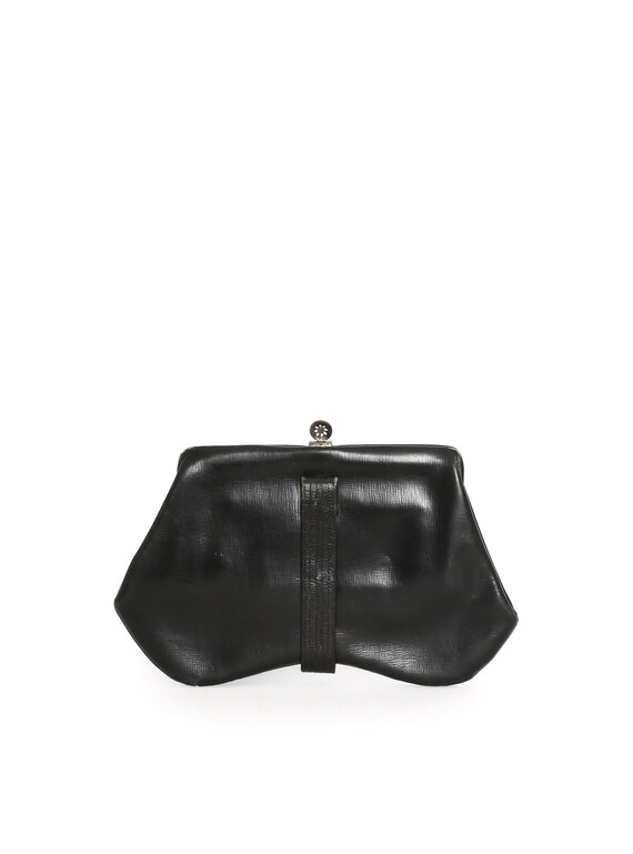 Antique vintage 1930s black leather clutch handba… - image 3