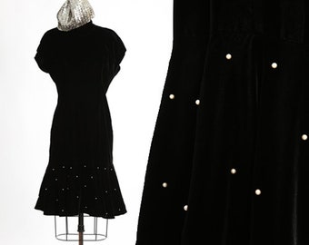 Vintage 80s black velvet peplum beaded pearl cocktail dress