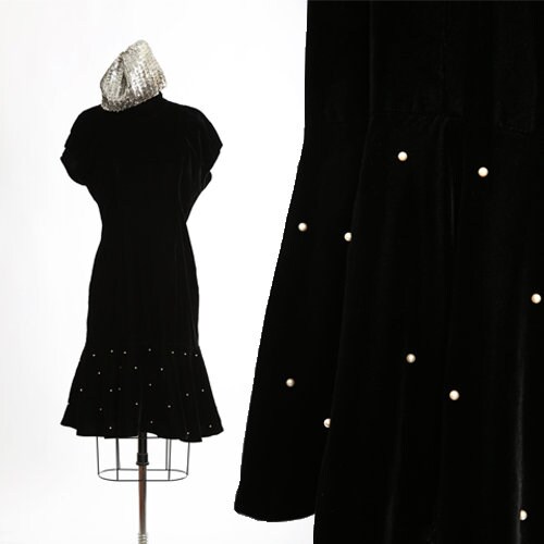 Vintage 80s black velvet peplum beaded pearl cocktail dress
