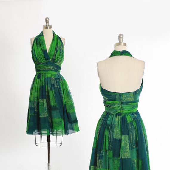 Vintage 50s green silk halter dress | 1950s Jon M… - image 1