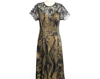 90s Carole Little black gold floral lace maxi dress